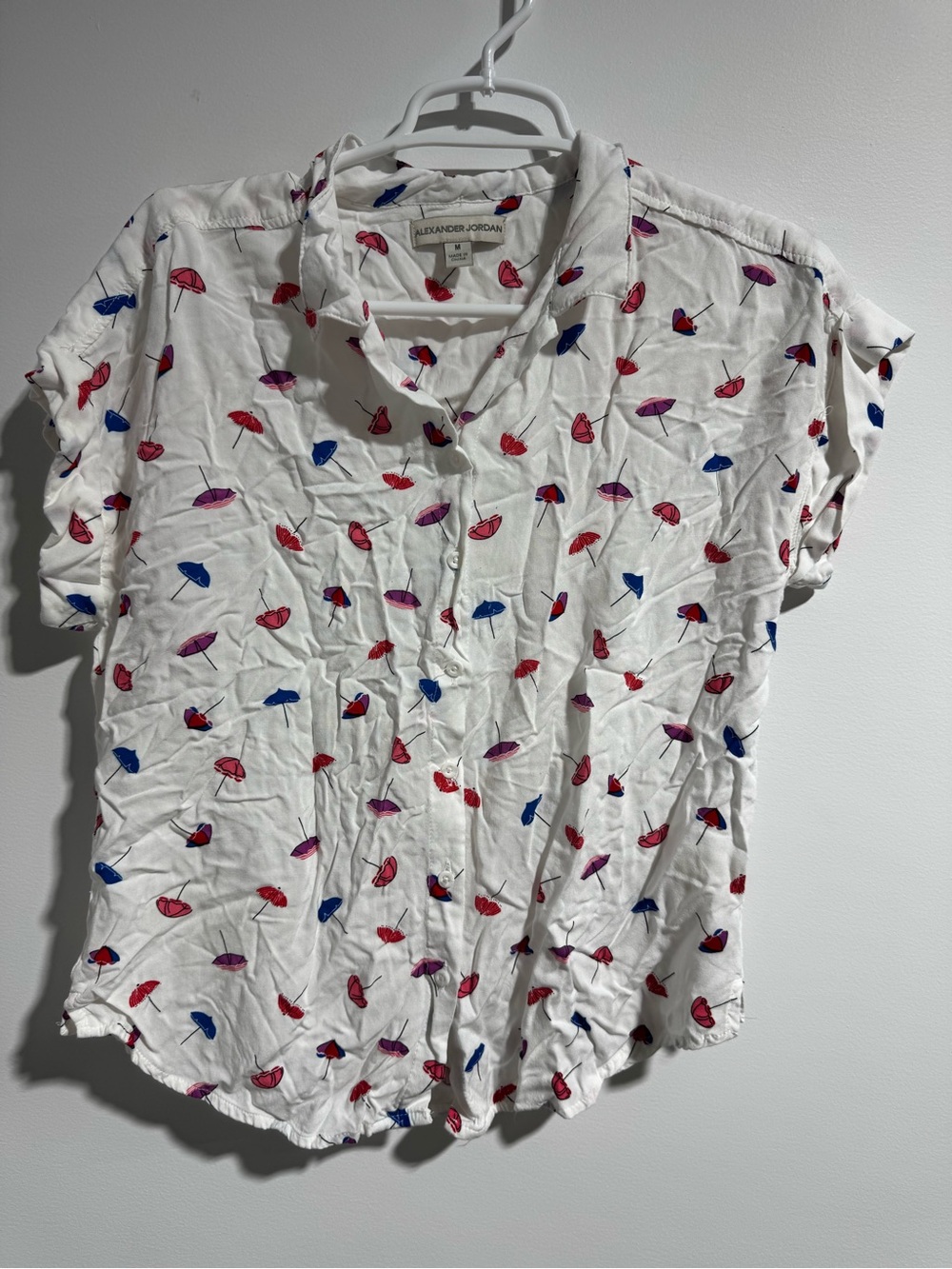 Alexander Jordan White Button-Down Top with Pink & Blue Umbrella Print Size M